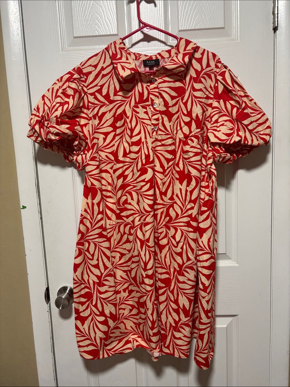 MSK Red and Cream Leaf-Print Puff Sleeve Shirt Dress